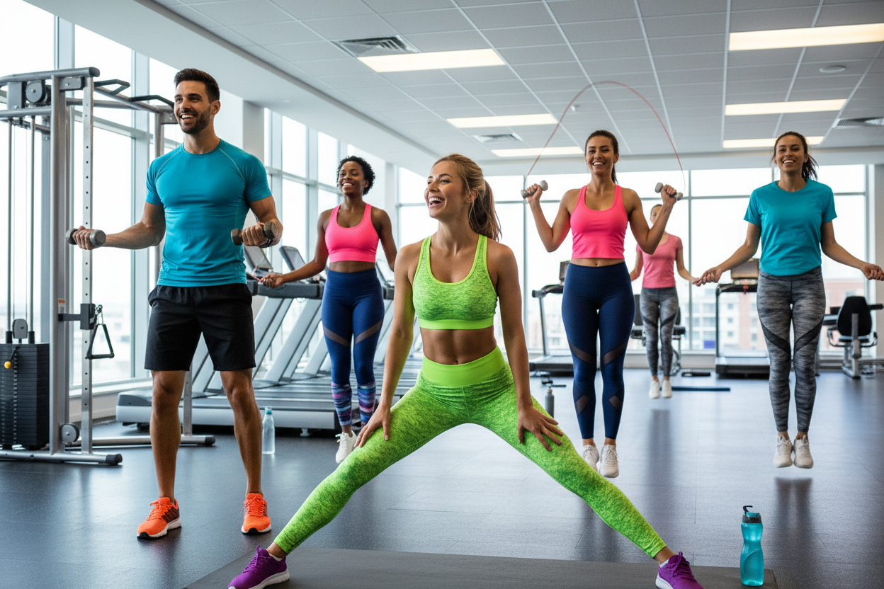 pessoas felizes treinando na academia, destaque as roupas fitness